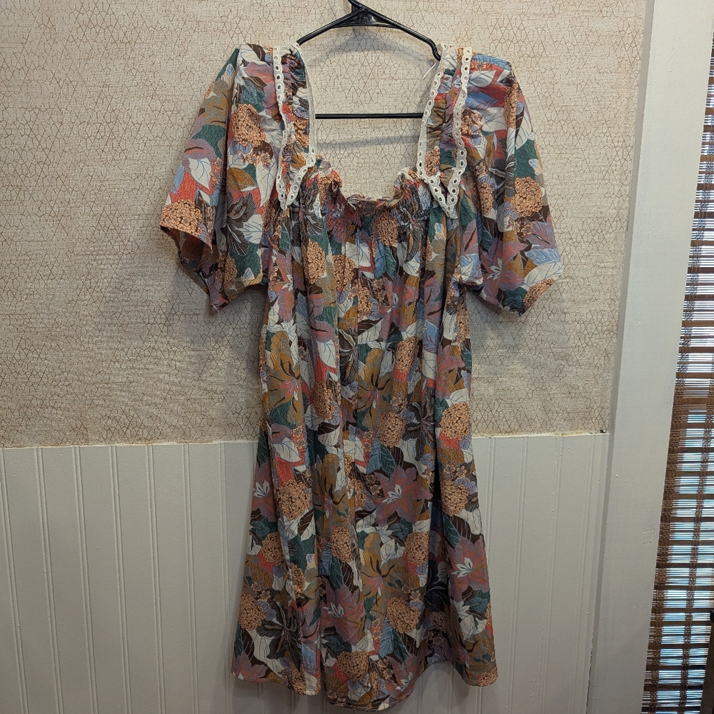 Jodifl Floral Boho Dress, Eyelet Lace Trim Ruffle Sleeve Knee Length Dress Large - Picture 6 of 8
